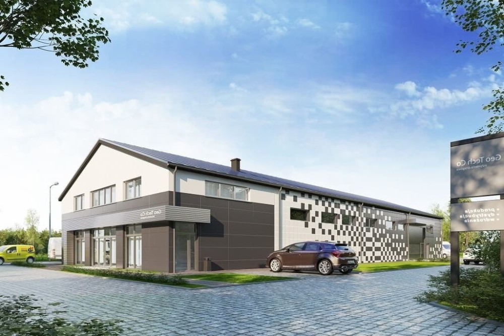 Projekt budynku usługowo - biurowo - magazynowego LK-118, niepodpiwniczony, złożony z dwóch części-kolorystyka wersja 3