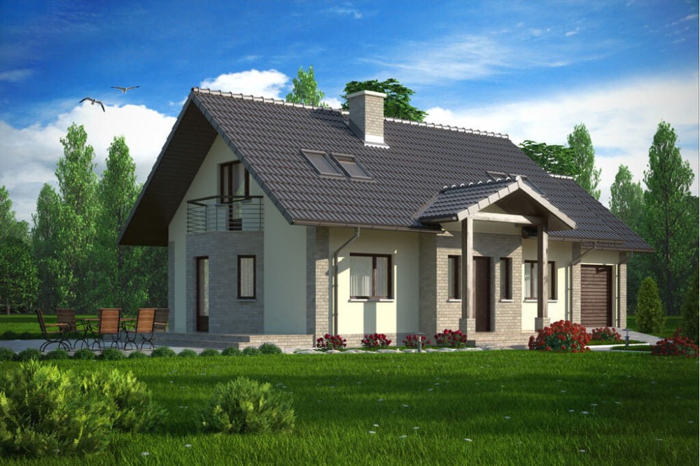 Projekt domu Zacisze tech. DM-6168 tech., parterowy z poddaszem użytkowym, jednorodzinny, bez podpiwniczenia, z garażem - kolorystyka wersja 2