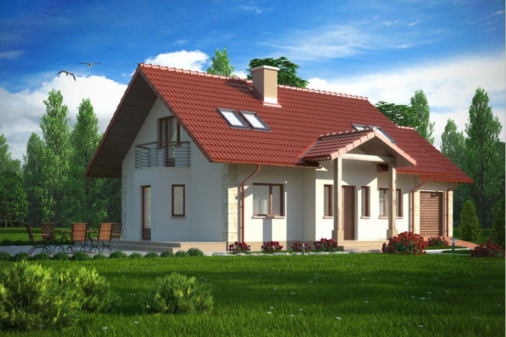 Projekt domu Zacisze tech. DM-6168 tech., parterowy z poddaszem użytkowym, jednorodzinny, bez podpiwniczenia, z garażem - kolorystyka wersja 3