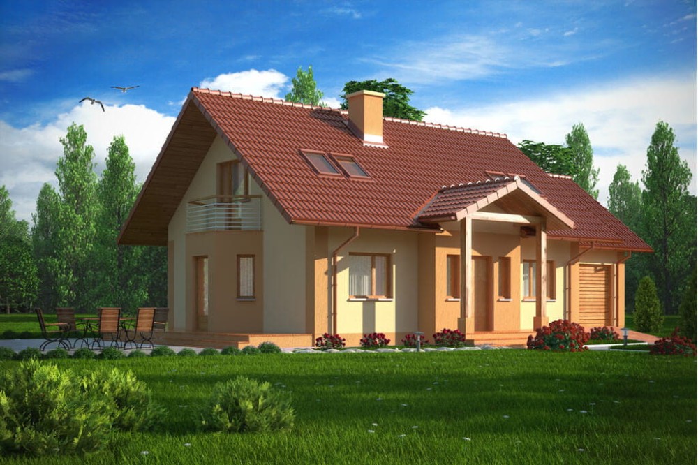 Projekt domu Zacisze tech. DM-6168 tech., parterowy z poddaszem użytkowym, jednorodzinny, bez podpiwniczenia, z garażem - kolorystyka wersja 4