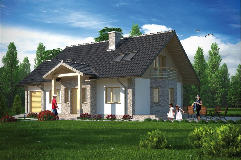 Projekt domu Pamięcin tech. L-6168 tech., parterowy z poddaszem użytkowym, jednorodzinny, bez podpiwniczenia, z garażem - kolorystyka wersja 1