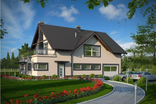 Projekt stolarni z mieszkaniem LK-35, parterowy z poddaszem mieszkalnym, bez podpiwniczenia - kolorystyka wersja 2