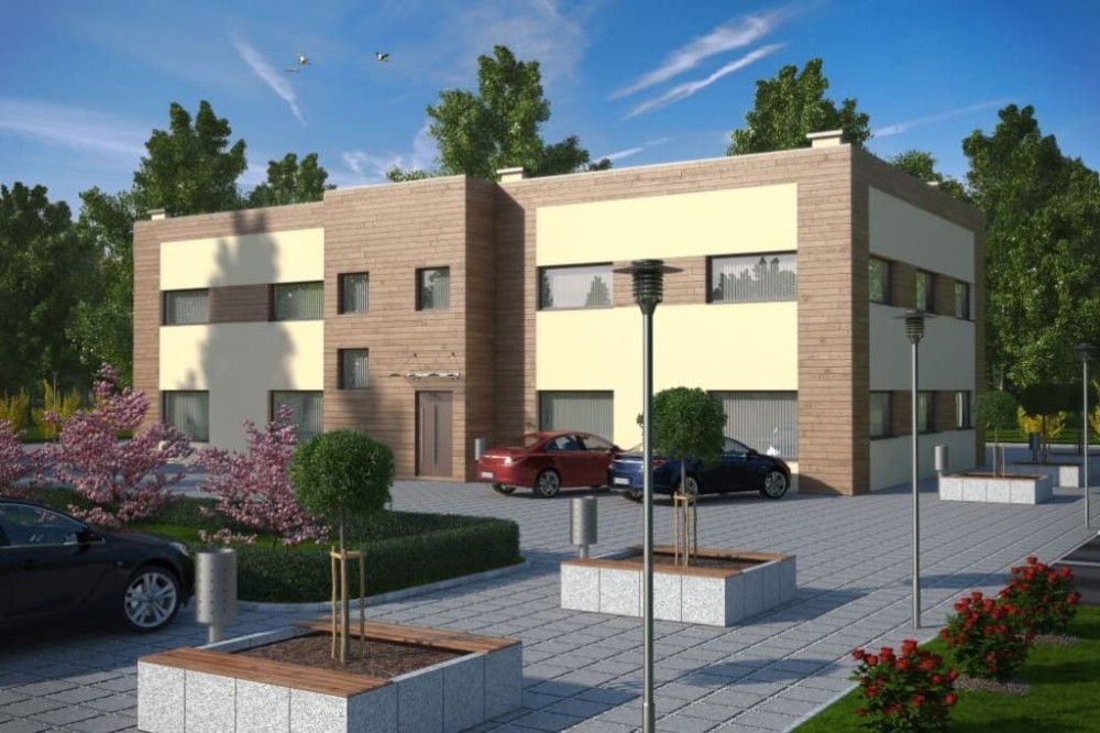 Projekt budynku handlowo - usługowego LK-38, piętrowy, bez podpiwniczenia, bez garażu - kolorystyka wersja 4