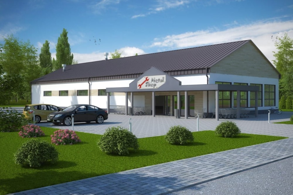 Projekt sklepu samoobsługowego LK-51, parterowy, niepodpiwniczony - kolorystyka wersja 3