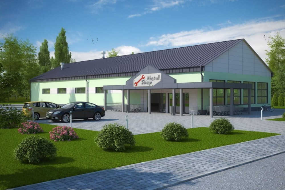 Projekt sklepu samoobsługowego LK-51, parterowy, niepodpiwniczony - kolorystyka wersja 4