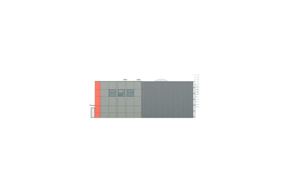 Projekt budynku magazynowo - produkcyjno - biurowego K-53, hala magazynowa jednokondygnacyjna, część biurowa dwukondygnacyjna, niepodpiwniczony - elewacja prawa
