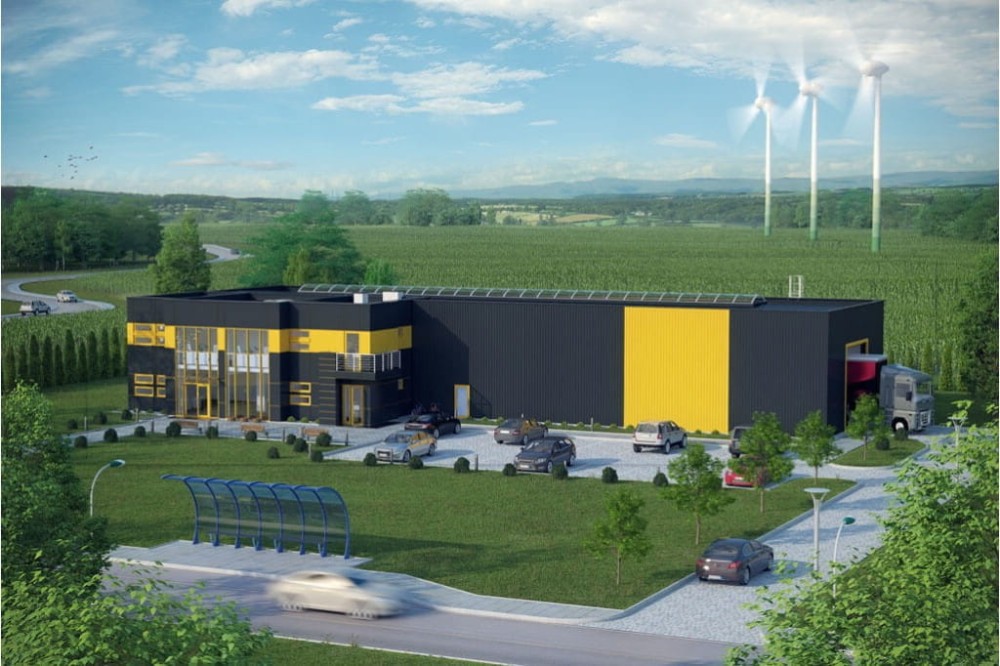 Projekt budynku magazynowo - produkcyjno - biurowego LK-53, hala magazynowa jednokondygnacyjna, część biurowa dwukondygnacyjna, niepodpiwniczony - kolorystyka wersja 2