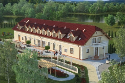 Projekt domu weselnego, pensjonatu LK-56, parterowy z poddaszem użytkowym, niepodpiwniczony, bez garażu - kolorystyka wersja 1