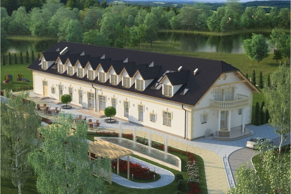 Projekt domu weselnego, pensjonatu LK-56, parterowy z poddaszem użytkowym, niepodpiwniczony, bez garażu - kolorystyka wersja 3