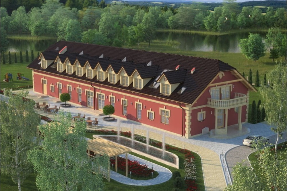Projekt domu weselnego, pensjonatu LK-56, parterowy z poddaszem użytkowym, niepodpiwniczony, bez garażu - kolorystyka wersja 4
