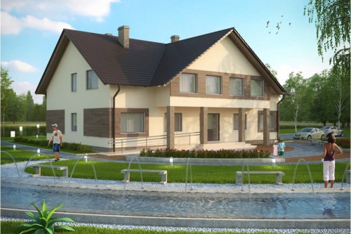 Projekt motelu, budynku noclegowego LK-61, parterowy z poddaszem użytkowym, bez podpiwniczenia z ogrodem zimowym, bez garażu - kolorystyka wersja 1