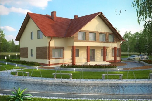 Projekt motelu, budynku noclegowego LK-61, parterowy z poddaszem użytkowym, bez podpiwniczenia z ogrodem zimowym, bez garażu - kolorystyka wersja 2