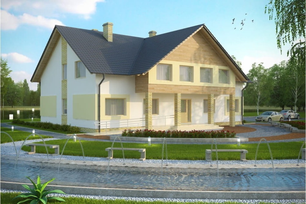 Projekt motelu, budynku noclegowego LK-61, parterowy z poddaszem użytkowym, bez podpiwniczenia z ogrodem zimowym, bez garażu - kolorystyka wersja 3