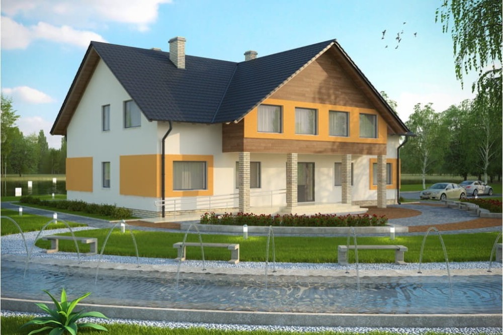 Projekt motelu, budynku noclegowego LK-61, parterowy z poddaszem użytkowym, bez podpiwniczenia z ogrodem zimowym, bez garażu - kolorystyka wersja 4