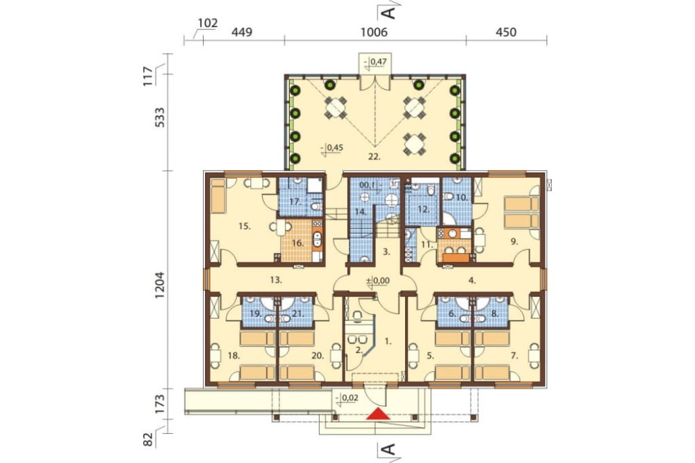 Projekt motelu, budynku noclegowego LK-61, parterowy z poddaszem użytkowym, bez podpiwniczenia z ogrodem zimowym, bez garażu - rzut parteru