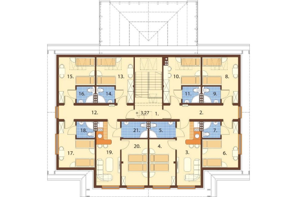 Projekt motelu, budynku noclegowego LK-61, parterowy z poddaszem użytkowym, bez podpiwniczenia z ogrodem zimowym, bez garażu - rzut poddasza