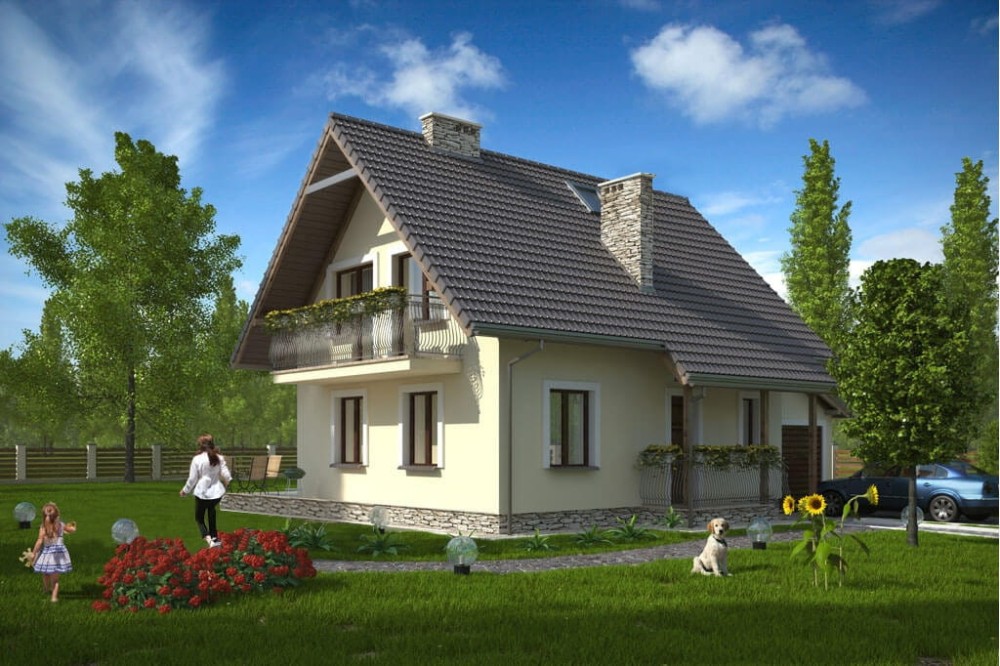 Projekt domu Turowice B tech. DM-6190 B tech., parterowy, z poddaszem użytkowym, jednorodzinny, tradycyjny, z garażem, z podpiwniczeniem - kolorystyka wersja 1