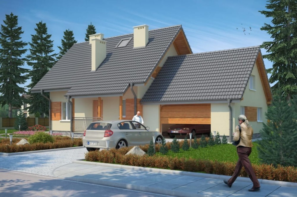 Projekt domu Turowice G tech. DM-6190 G  tech., parterowy, z poddaszem użytkowym, jednorodzinny, tradycyjny, z garażem dwustanowiskowym, z podpiwniczeniem-kolorystyka wersja 3