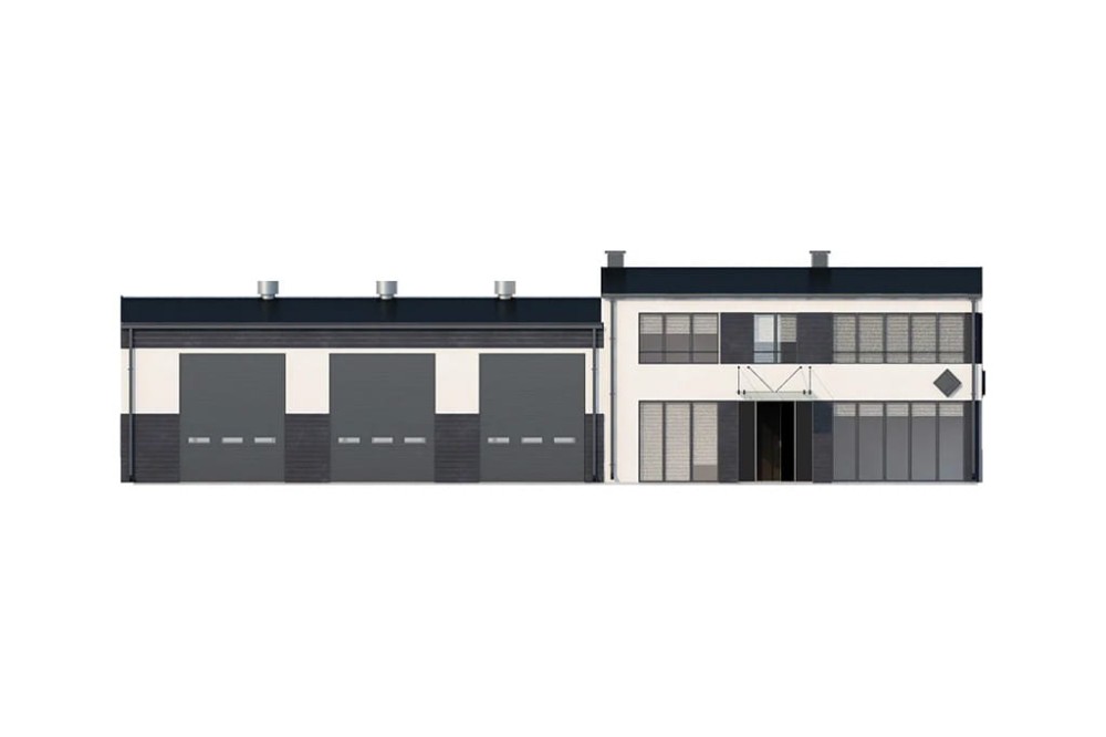 Projekt serwisu samochodowego K-66, parterowy, z poddaszem użytkowym, niepodpiwniczony - elewacja frontowa