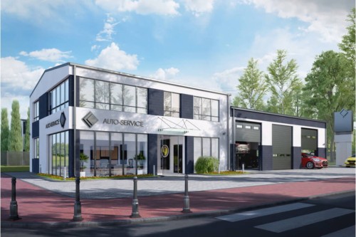 Projekt serwisu samochodowego LK-66, parterowy, z poddaszem użytkowym, niepodpiwniczony - wizualizacja elewacji