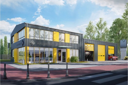 Projekt serwisu samochodowego LK-66, parterowy, z poddaszem użytkowym, niepodpiwniczony - wizualizacja elewacji