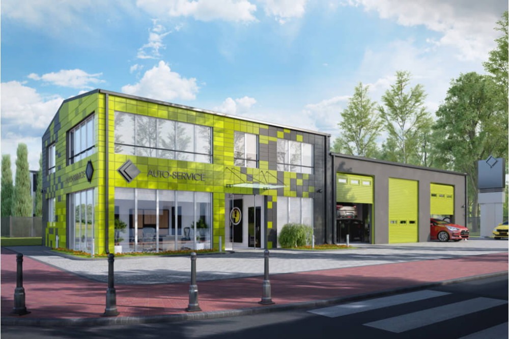 Projekt serwisu samochodowego LK-66, piętrowy, niepodpiwniczony - kolorystyka wersja 4