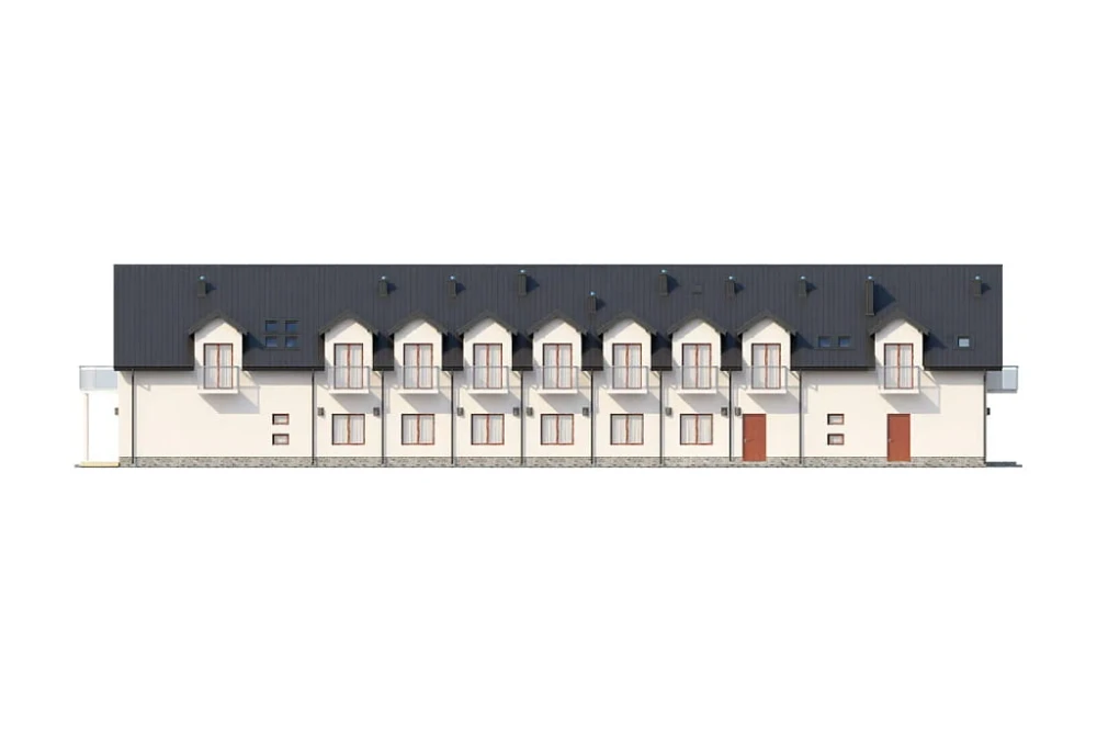 Projekt domu opieki dla osób starszych K-67, parterowy z poddaszem użytkowym, niepodpiwniczony, bez garażu - elewacja ogrodowa