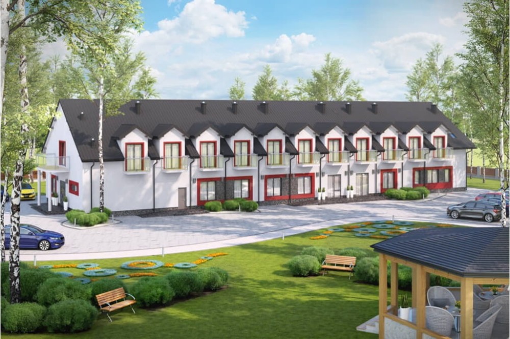 Projekt domu opieki dla osób starszych LK-67, parterowy z poddaszem użytkowym, niepodpiwniczony, bez garażu - kolorystyka wersja 3
