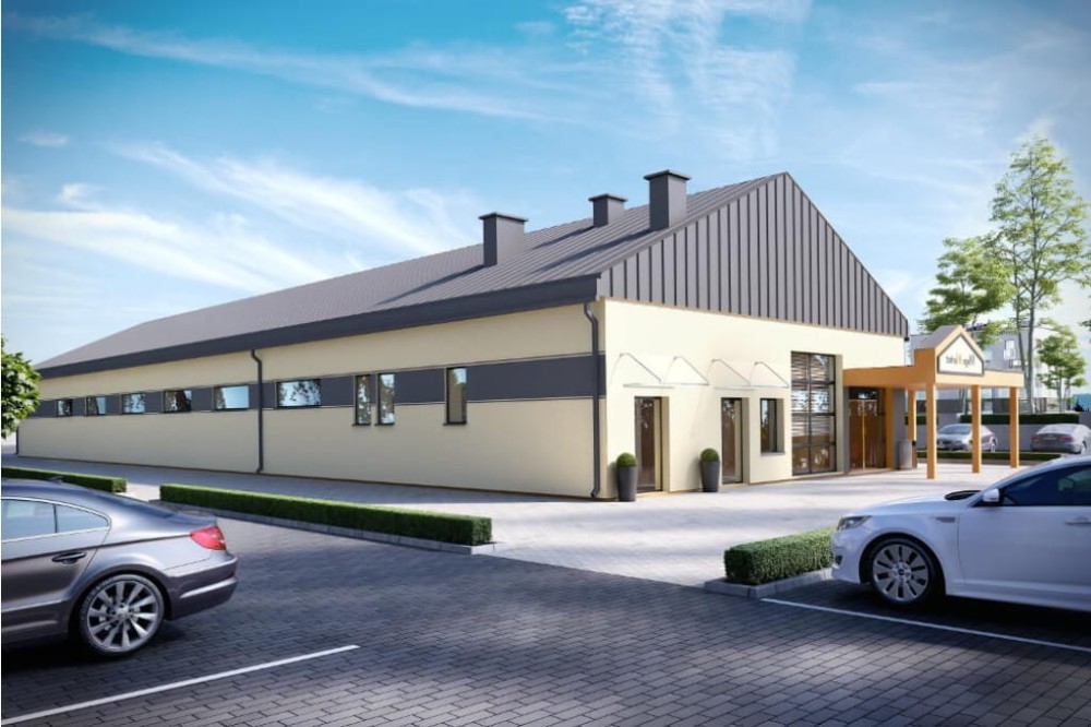 Projekt sklepu samoobsługowego LK-77, parterowy, niepodpiwniczony - kolorystyka wersja 3