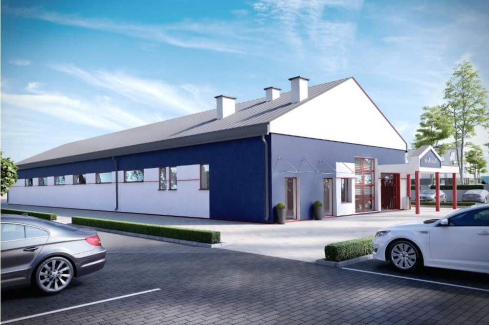 Projekt sklepu samoobsługowego LK-77, parterowy, niepodpiwniczony - kolorystyka wersja 4