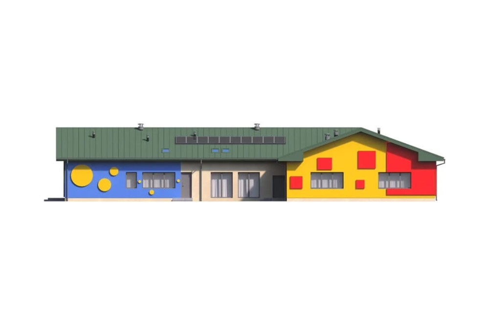 Projekt przedszkola K-82, parterowy, niepodpiwniczony, bez garażu - elewacja ogrodowa