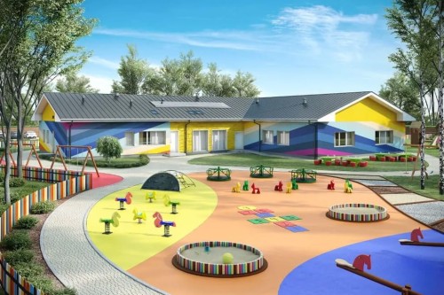 Projekt przedszkola K-82, parterowy, niepodpiwniczony, bez garażu - kolorystyka wersja 2