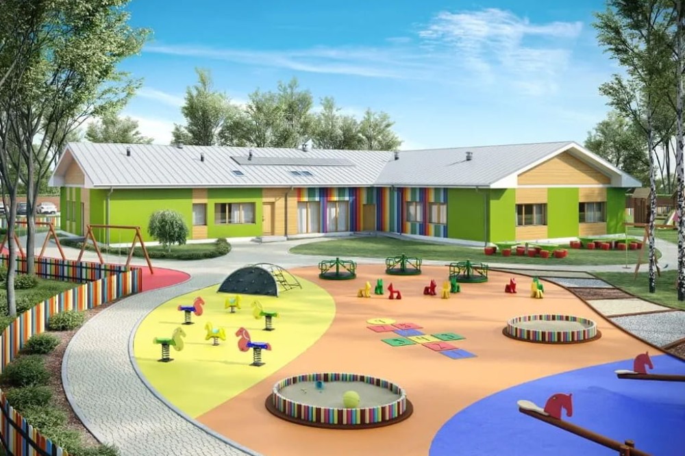 Projekt przedszkola K-82, parterowy, niepodpiwniczony, bez garażu - kolorystyka wersja 4