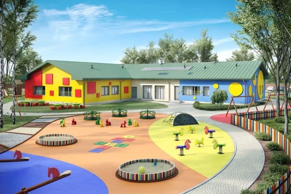 Projekt przedszkola LK-82, parterowy, niepodpiwniczony, bez garażu - kolorystyka wersja 1