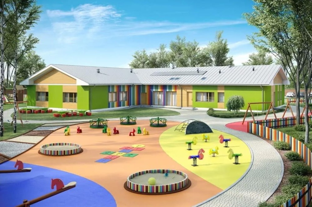 Projekt przedszkola LK-82, parterowy, niepodpiwniczony, bez garażu - kolorystyka wersja 4