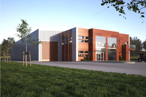 Projekt hali magazynowo-produkcyjnej LK-89, hala magazynowa jednokondygnacyjna, część biurowa dwukondygnacyjna, budynek niepodpiwniczony - wizualizacja elewacji