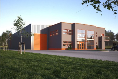 Projekt hali magazynowo-produkcyjnej LK-89, hala magazynowa jednokondygnacyjna, część biurowa dwukondygnacyjna, budynek niepodpiwniczony - wizualizacja elewacji