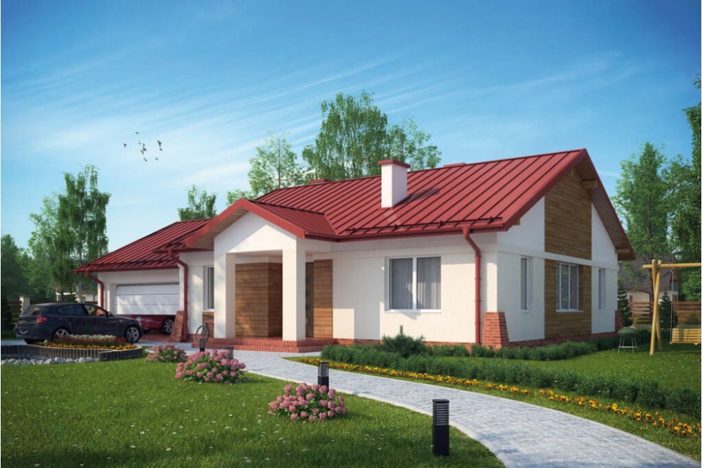 Projekt domu Radostowo 2G tech. L-6503 G tech., parterowy, jednorodzinny, tradycyjny z garażem dwustanowiskowym, bez podpiwniczenia-kolorystyka wersja 4