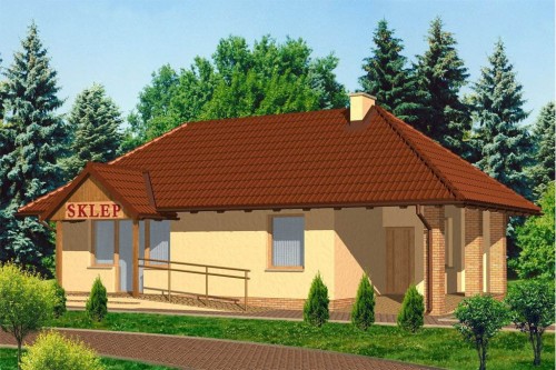 Projekt sklepu LK-05, budynek parterowy, niepodpiwniczony - kolorystyka wersja 1