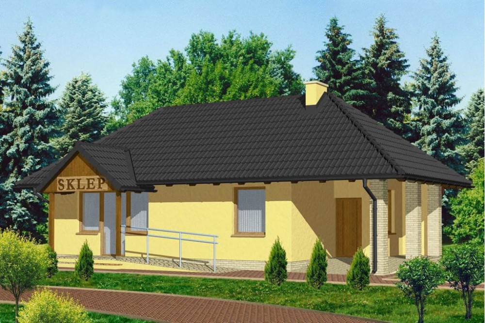 Projekt sklepu LK-05, budynek parterowy, niepodpiwniczony - kolorystyka wersja 3