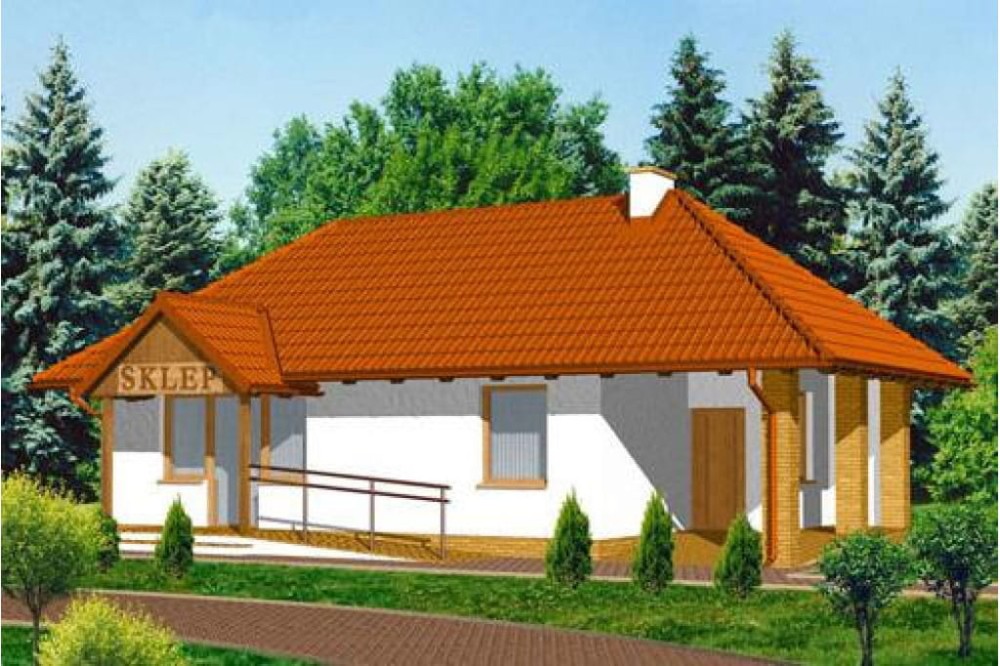 Projekt sklepu LK-05, budynek parterowy, niepodpiwniczony - kolorystyka wersja 4