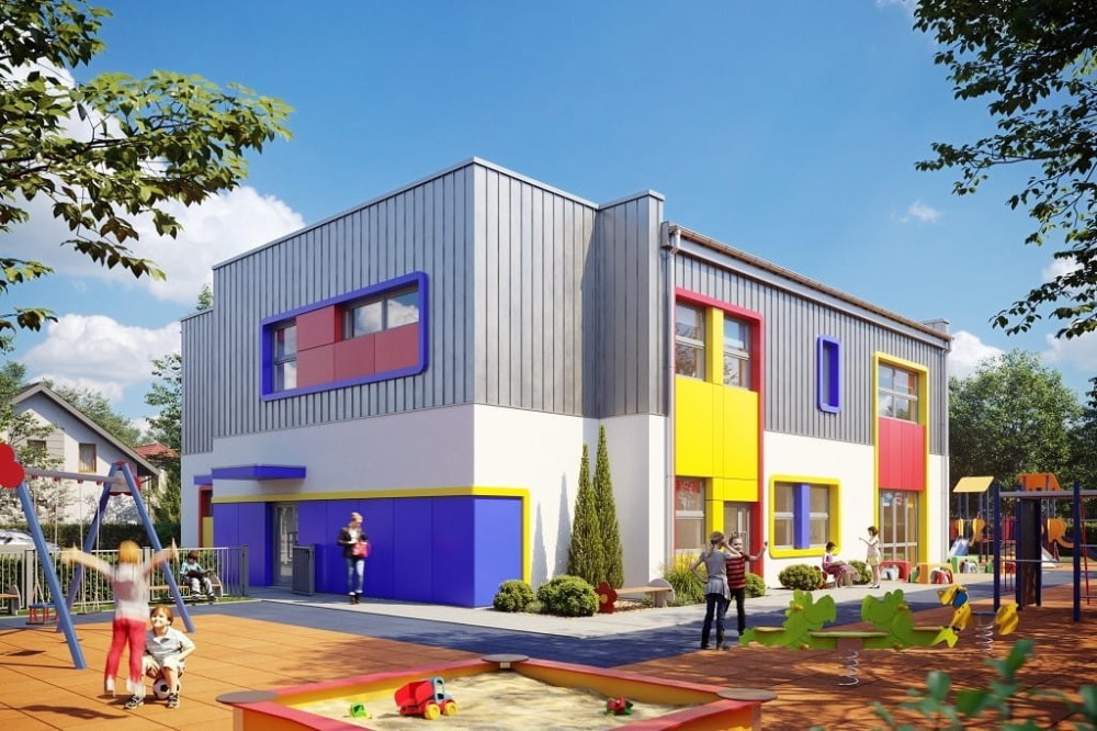 Projekt przedszkola LK-115, piętrowy, bez podpiwniczenia i garażu-kolorystyka wersja 2