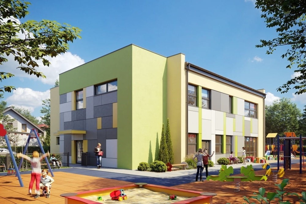 Projekt przedszkola LK-115, piętrowy, bez podpiwniczenia i garażu-kolorystyka wersja 4