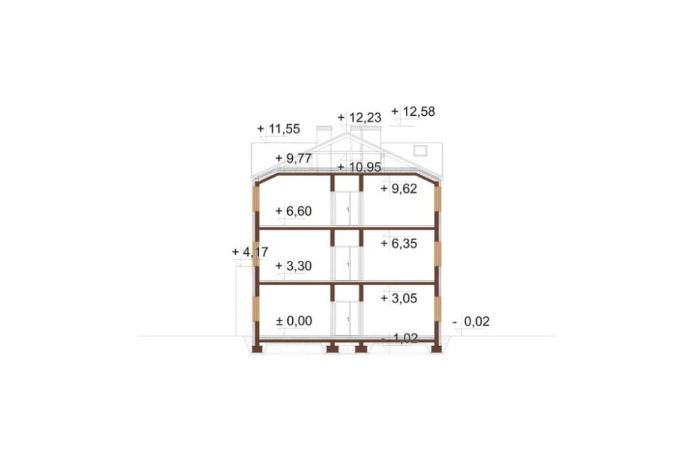 Projekt hostelu K-135, posiada 3 kondygnacje - parter, I piętro, II piętro - przekrój A-A