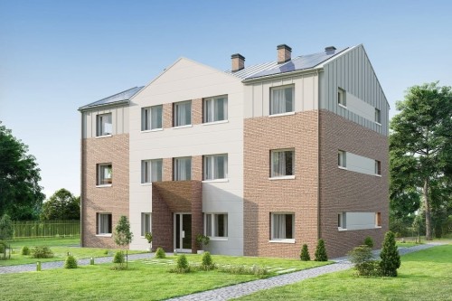 Projekt hostelu LK-135, posiada 3 kondygnacje - parter, I piętro, II piętro - wizualizacja elewacji