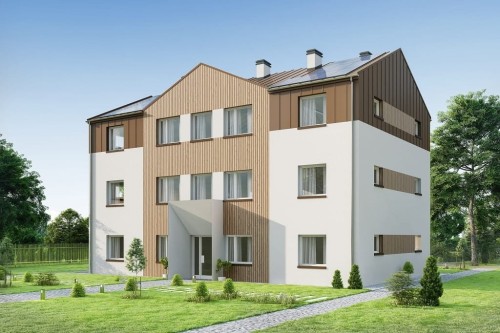 Projekt hostelu LK-135, posiada 3 kondygnacje - parter, I piętro, II piętro - wizualizacja elewacji