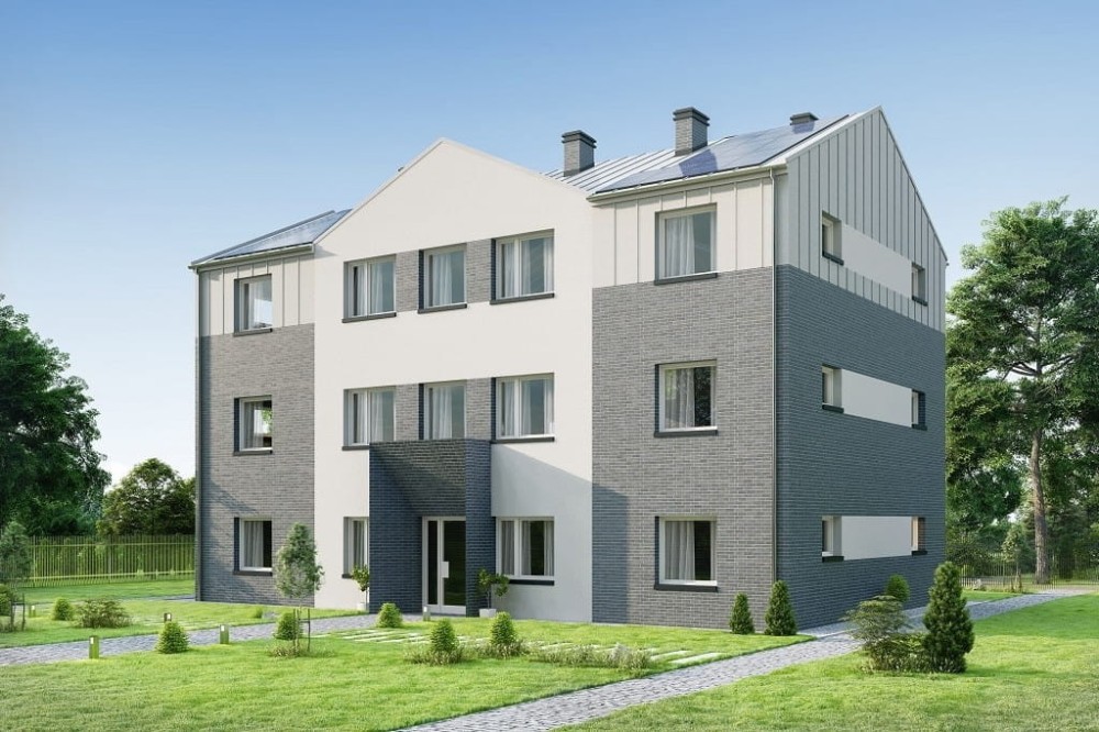 Projekt hostelu LK-135, posiada 3 kondygnacje - parter, I piętro, II piętro - wizualizacja elewacji