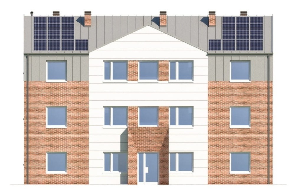 Projekt hostelu LK-135, posiada 3 kondygnacje - parter, I piętro, II piętro - elewacja frontowa