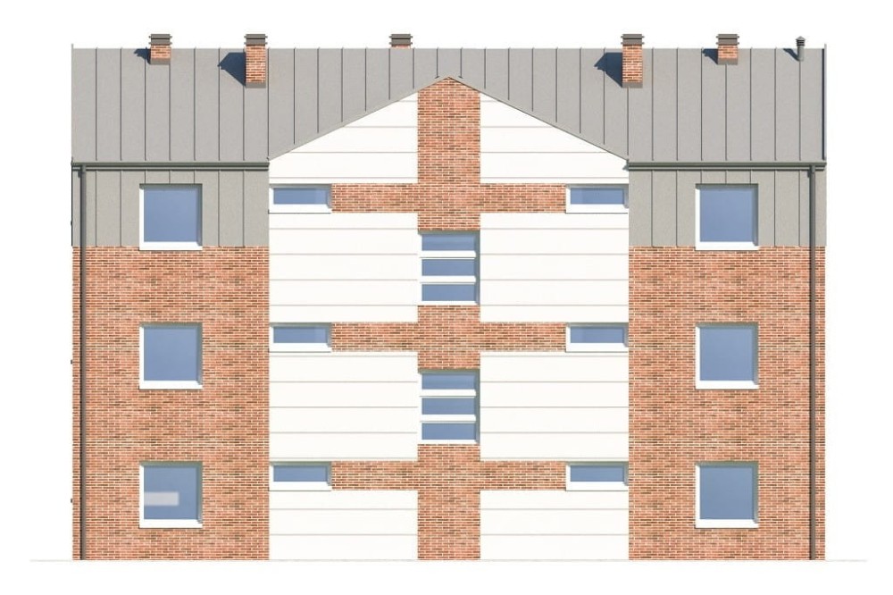 Projekt hostelu LK-135, posiada 3 kondygnacje - parter, I piętro, II piętro - elewacja ogrodowa