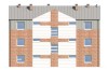 Projekt hostelu LK-135, posiada 3 kondygnacje - parter, I piętro, II piętro - elewacja ogrodowa